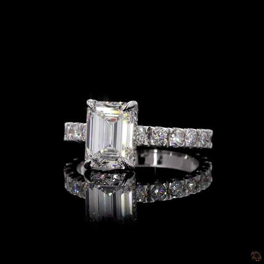 White gold lab grown diamond halo ring emerald and round cut