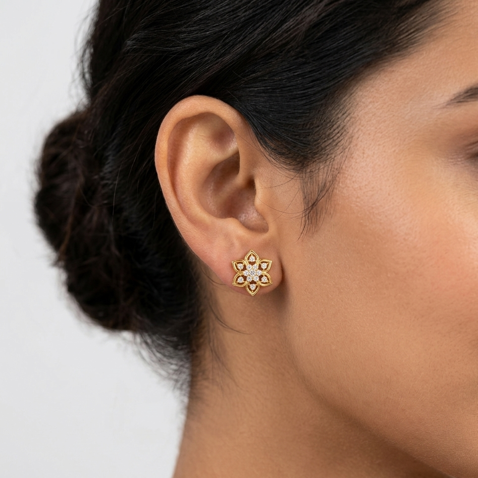 0.14 Ct total lab-grown round diamond stud earrings (0.07 Ct each), GLI certified, set in hallmarked 9K, 14K, 18K gold or 950 platinum, minimal ethical luxury design.