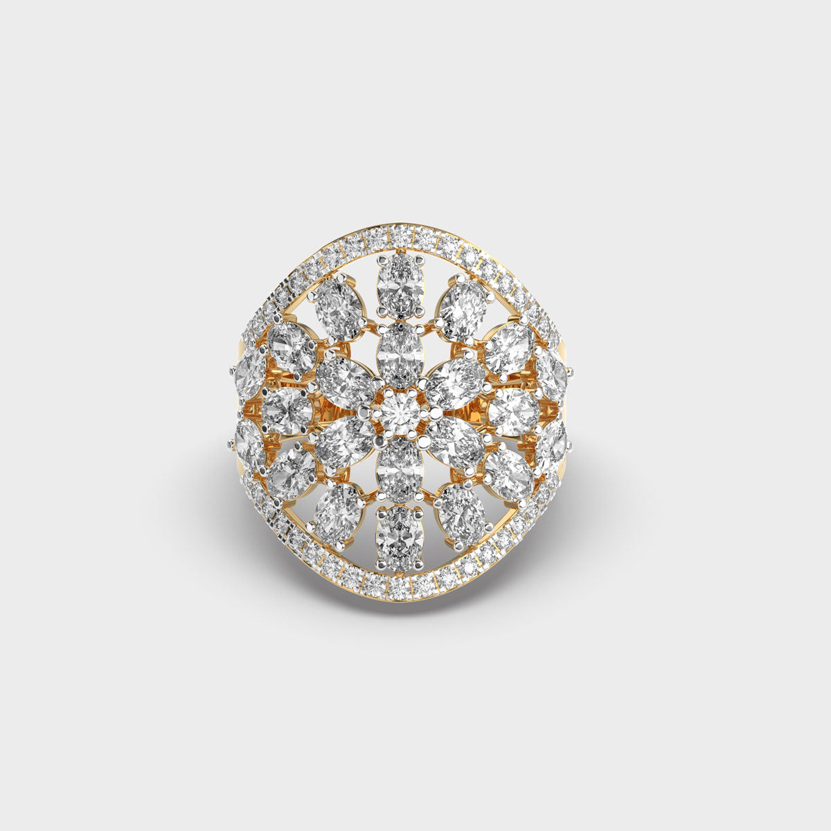 Bold yellow gold statement ring featuring oval lab diamond