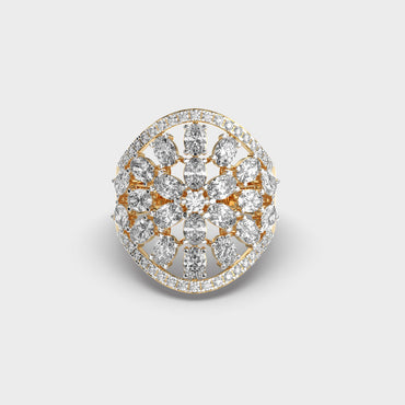 Bold yellow gold statement ring featuring oval lab diamond