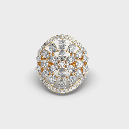 Bold yellow gold statement ring featuring oval lab diamond