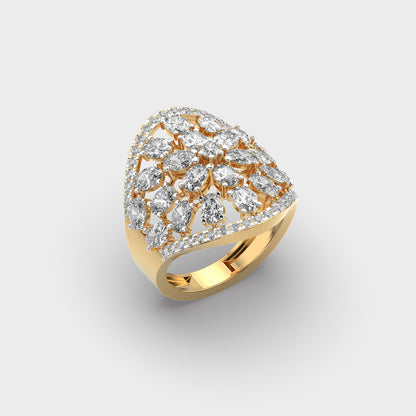 Sustainable yellow gold cocktail ring with Gli certified multi-cut lab-grown diamonds