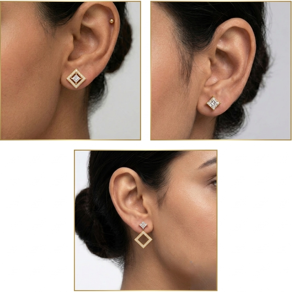 Discover Elegant Lab-Grown Diamond Convertible Earrings Featuring 1.08 Ct Total Weight Certified Princess And Round Cut Diamonds (0.54 Carat Each). Crafted In Yellow, Rose, White Gold And Premium 950 Platinum For Ethical Luxury And Brilliant Sparkle.