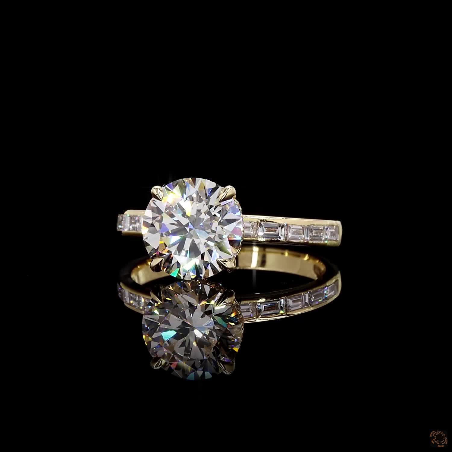 Yellow gold lab grown diamond ring round and baguette cut 2.61 carat