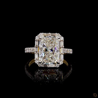 Yellow gold lab grown diamond halo ring radiant round baguette