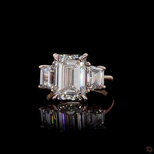 Rose gold lab grown diamond three stone ring emerald trapezoid