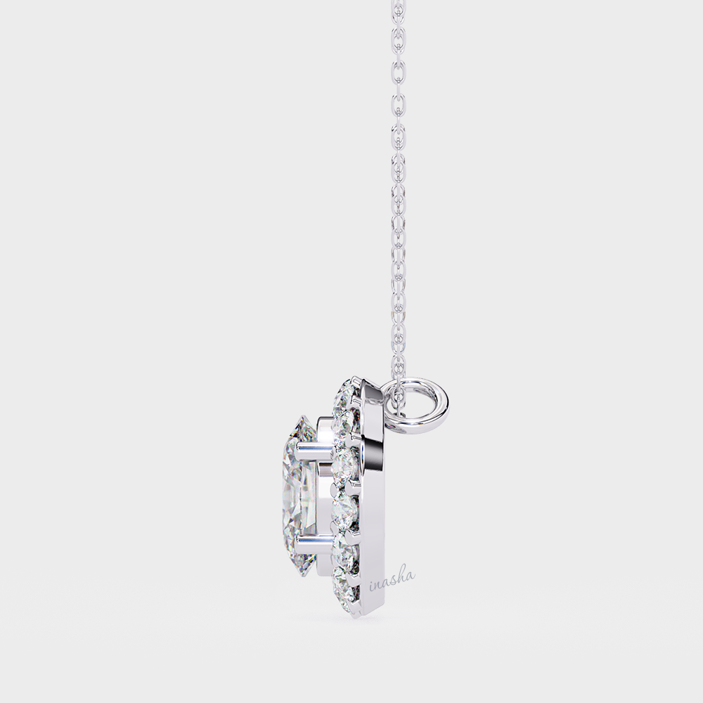 Premium white gold oval & round cut lab grown diamond halo solitaire pendant with chain