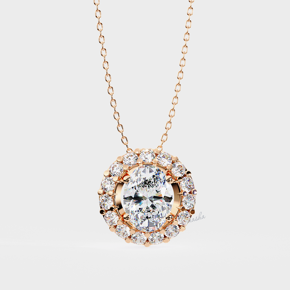 Certified IGI GLI oval & round cut lab grown diamond halo solitaire pendant with chain in rose gold 9K 14K 18K