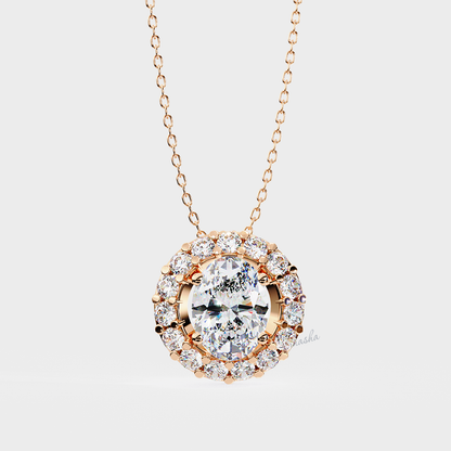 Certified IGI GLI oval & round cut lab grown diamond halo solitaire pendant with chain in rose gold 9K 14K 18K