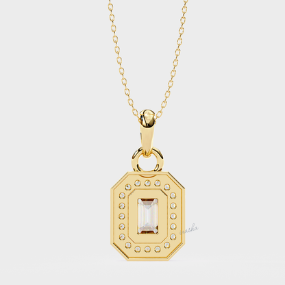 Premium yellow gold emerald & round cut lab grown diamond halo solitaire pendant with chain