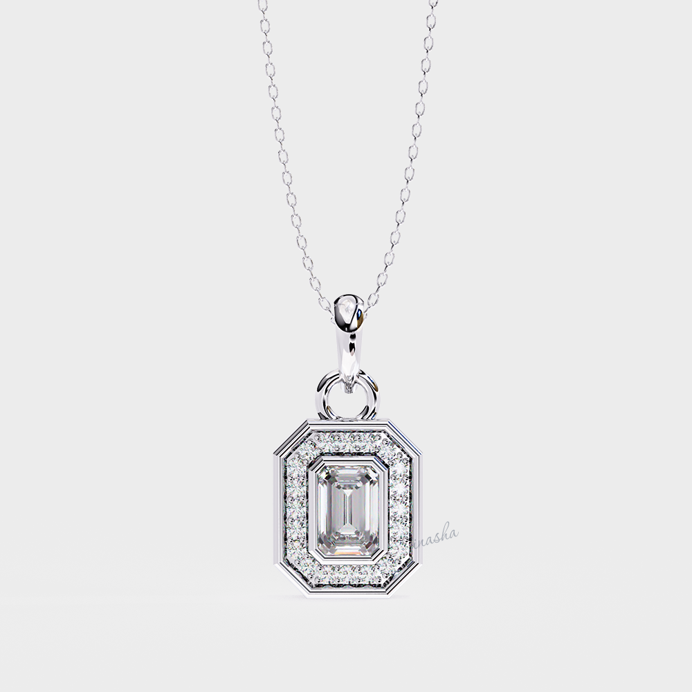 Luxury white gold & platinum lab grown diamond halo pendant necklace emerald and round cut fine jewelry