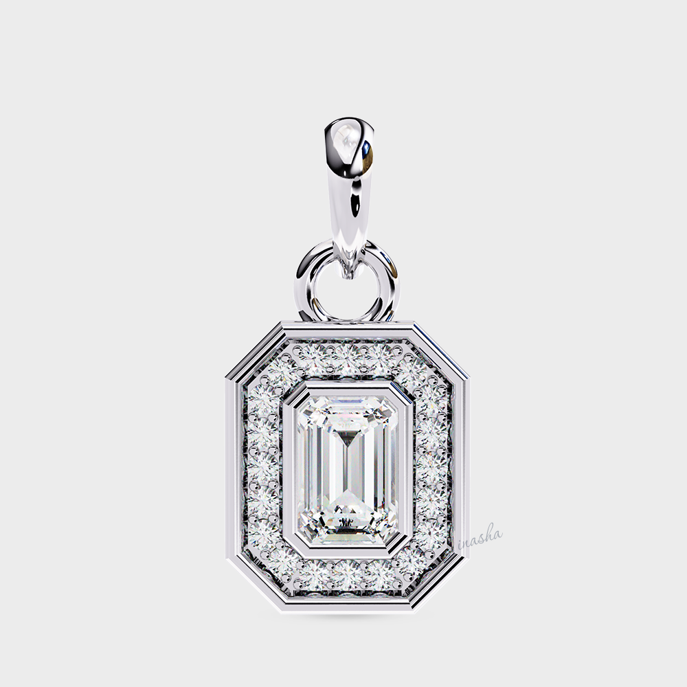 Premium white gold emerald & round cut lab grown diamond halo solitaire pendant with chain