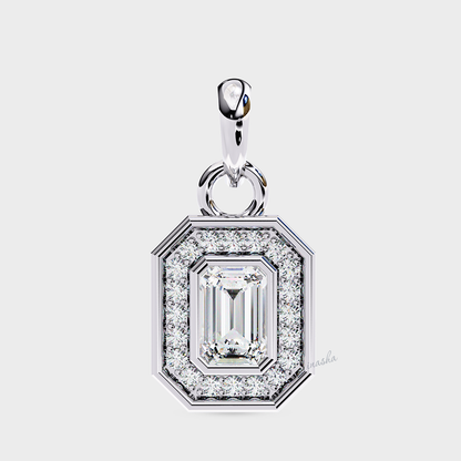 Premium white gold emerald & round cut lab grown diamond halo solitaire pendant with chain