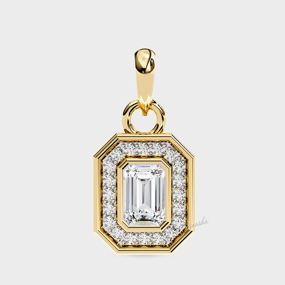 Elegant yellow gold emerald and round cut lab grown diamond halo pendant necklace