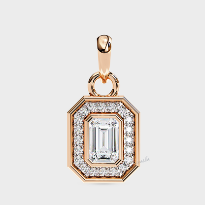 Premium rose gold emerald & round cut lab grown diamond halo solitaire pendant with chain