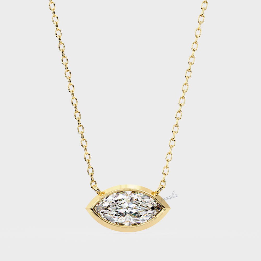 Lab grown marquise cut solitaire pendant with chain in yellow gold