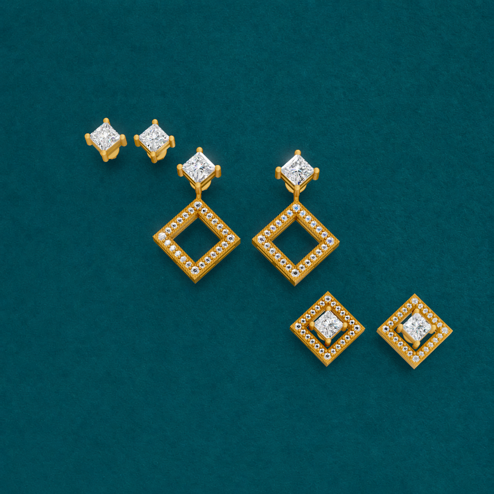 Convertible earrings featuring 1.08 total carats of princess-cut and round lab-grown diamonds, combining geometric elegance and classic brilliance with versatile wear options.