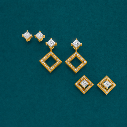 Convertible earrings featuring 1.08 total carats of princess-cut and round lab-grown diamonds, combining geometric elegance and classic brilliance with versatile wear options.