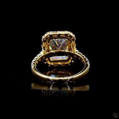 Luxury yellow gold lab grown diamond halo ring close view
