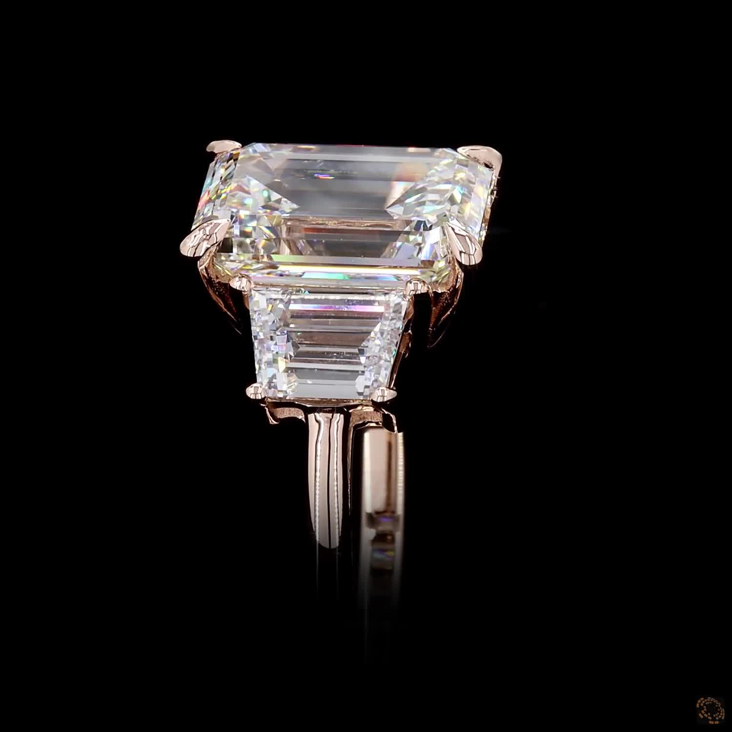6.94 ct emerald trapezoid lab grown diamond ring rose gold