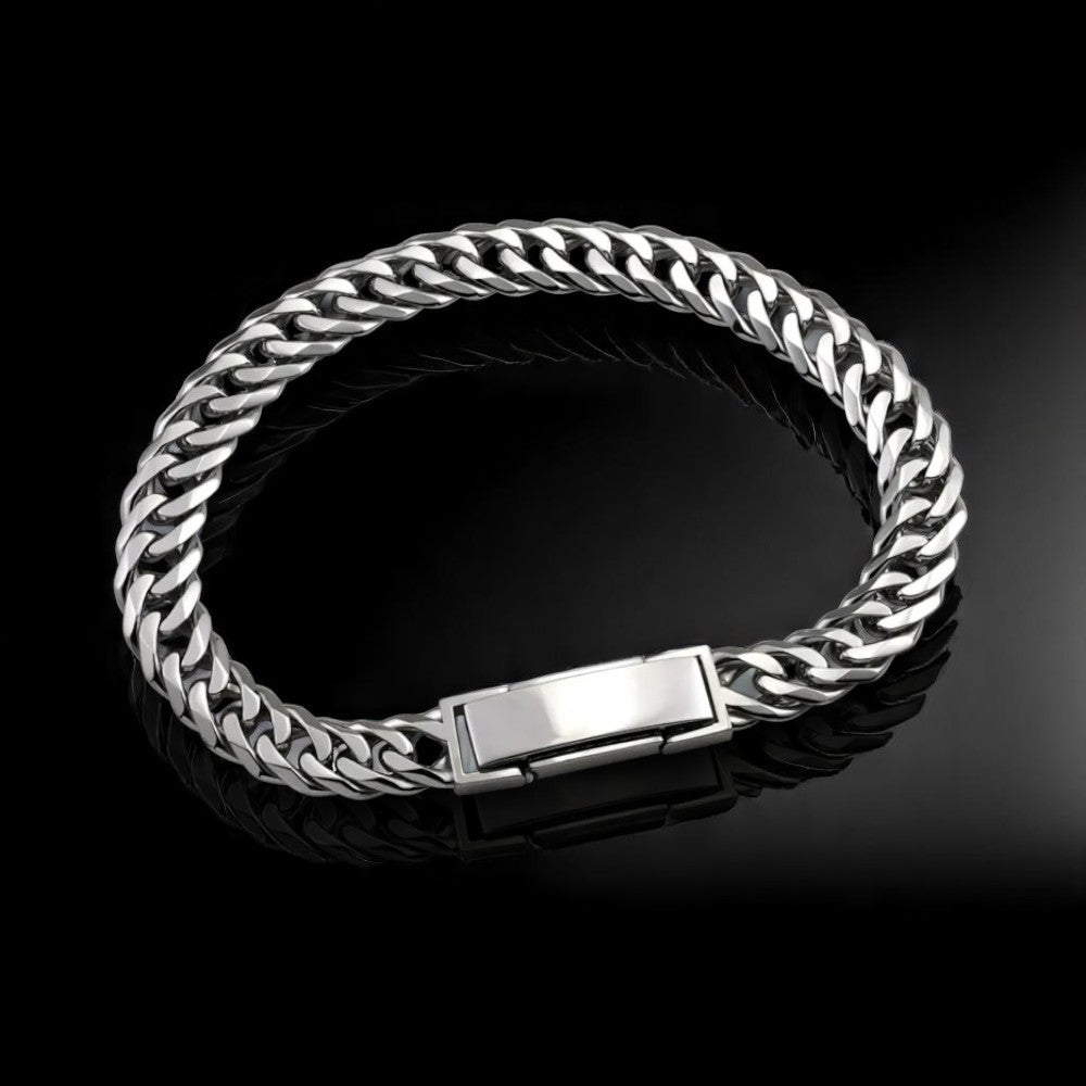 High-polish platinum double Cuban hollow chain bracelet
