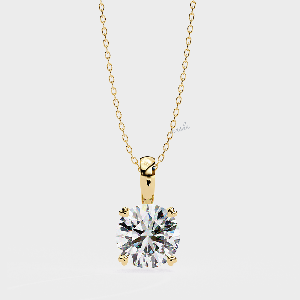 Lab grown round cut solitaire pendant with chain in yellow gold