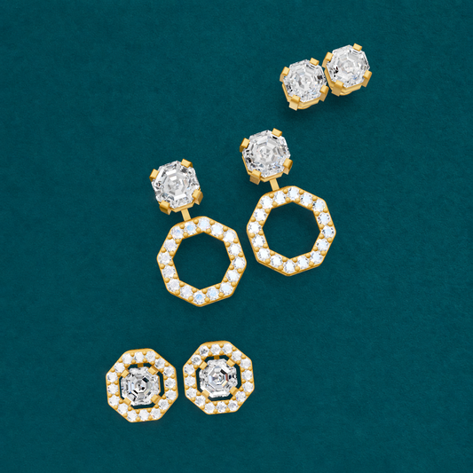 Octagon and Round Cut Lab Grown Diamond Convertible Earrings 2.6 Ct Total Weight in Yellow Gold