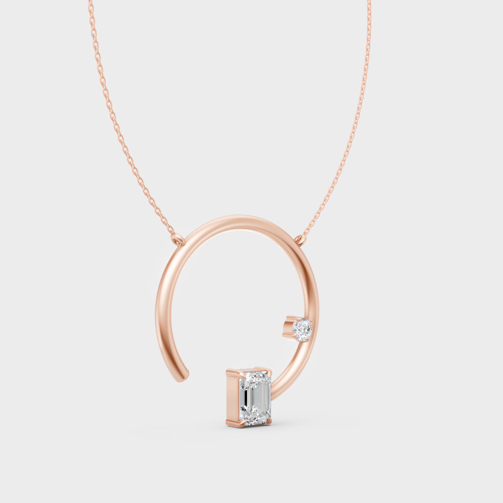 Luxury Emerald & Round Cut Lab-Grown Diamond Pendant With Chain In Rose Gold