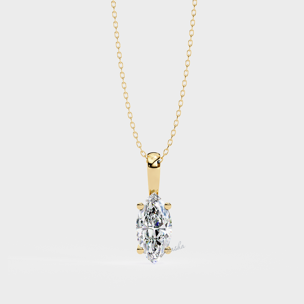 Lab grown marquise cut solitaire pendant with chain in yellow gold