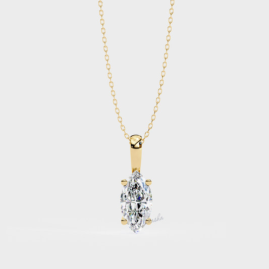 Lab grown marquise cut solitaire pendant with chain in yellow gold