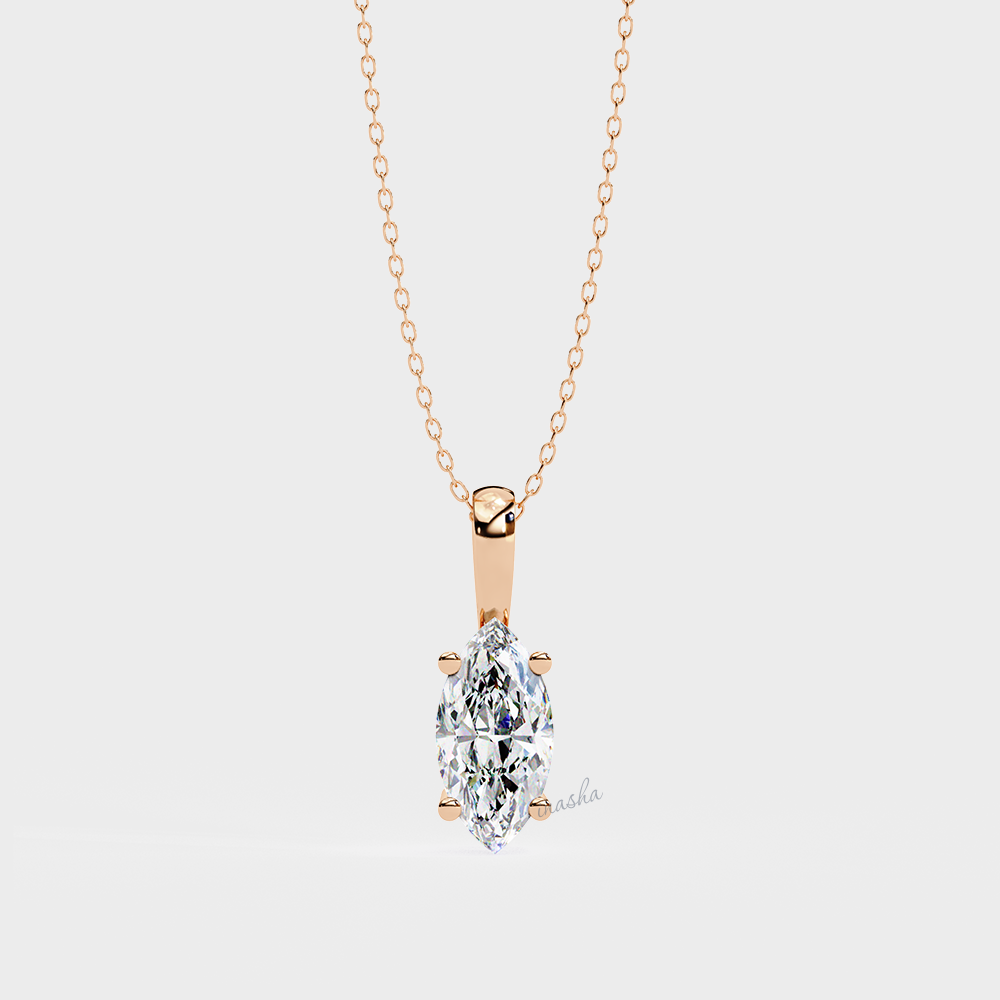 Lab grown marquise cut solitaire pendant with chain in rose gold