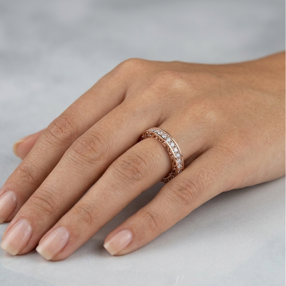 Rose Gold Diamond Band With A Brilliant Sustainable Round Diamond