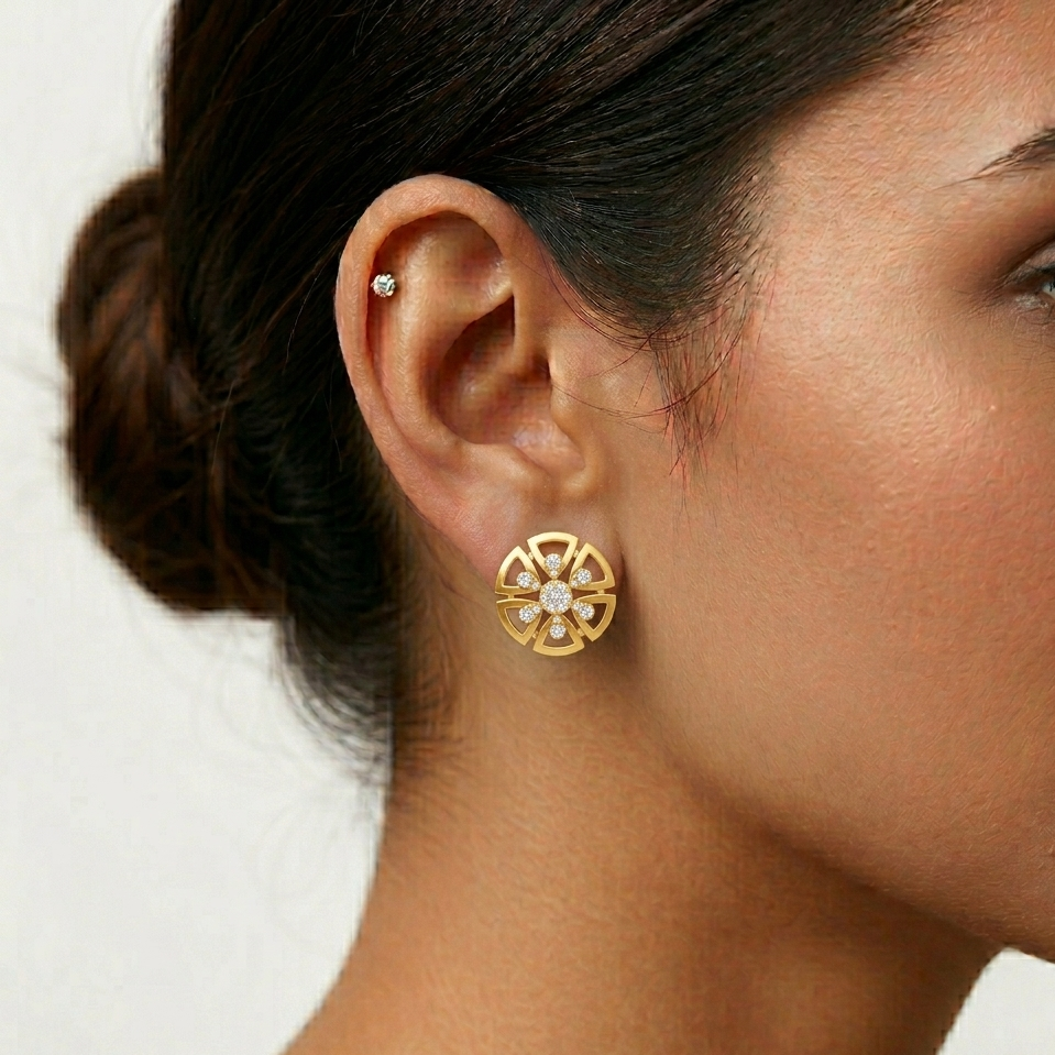 0.52 Ct lab-grown round diamond floral stud earrings (0.26 Ct each), GLI certified, set in hallmarked gold or 950 platinum, elegant everyday luxury design.