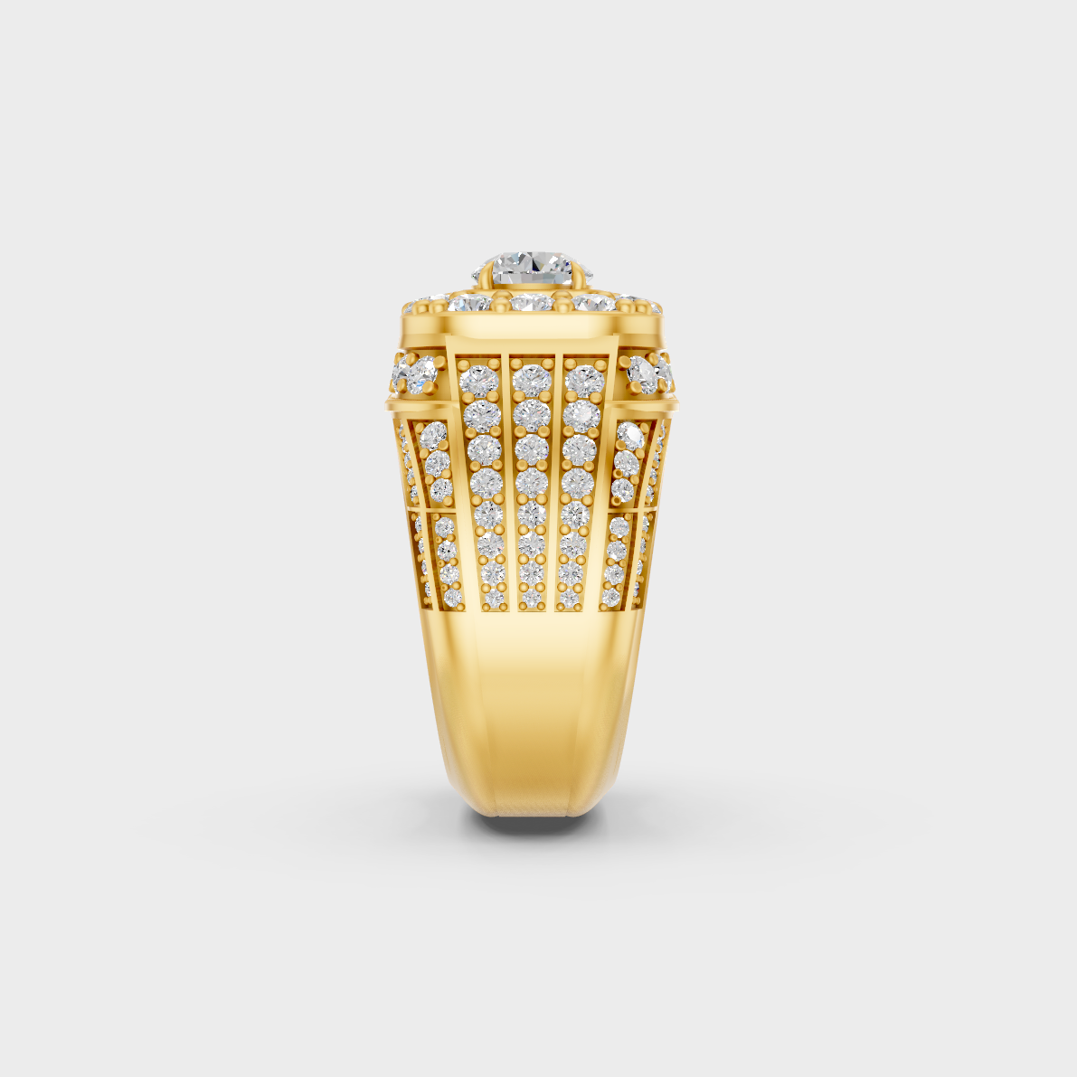 Close-Up View of 4.48 Ct Round-Cut Lab-Grown Diamond Men's Ring with warm 18K Yellow Gold band.