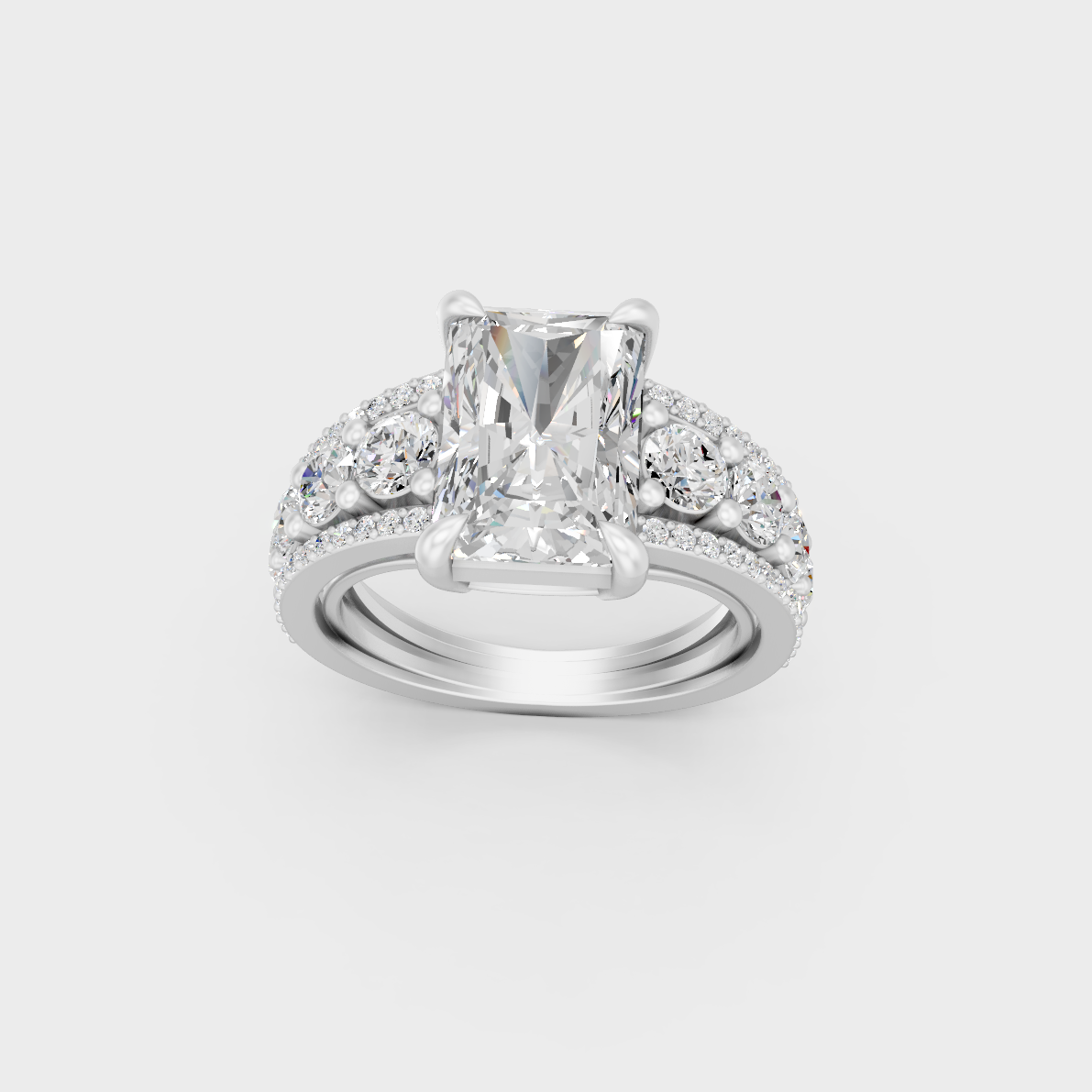 Sophisticated 7.8 Ct Radiant Cut Lab-Grown Diamond Engagement Ring with sparkling round stones in 14K White Gold.