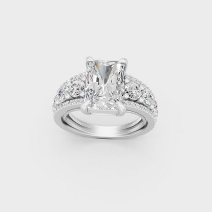 Sophisticated 7.8 Ct Radiant Cut Lab-Grown Diamond Engagement Ring with sparkling round stones in 14K White Gold.