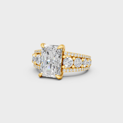 Certified 7.8 Ct Radiant and Round-Cut Lab-Grown Diamond Ring in 18K Yellow Gold.