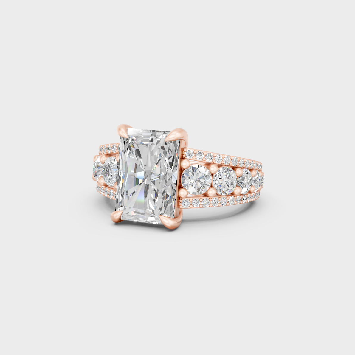 Romantic 7.8 Ct Radiant and Round-Cut Lab-Grown Diamond Ring in 18K Rose Gold.