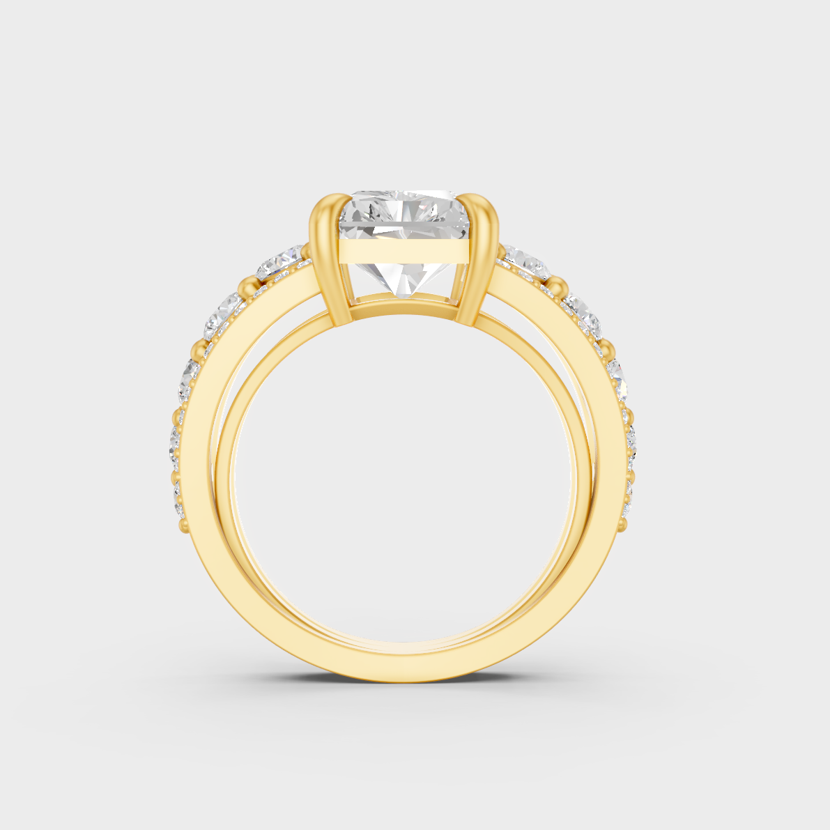 Close-Up View of 7.8 Ct Radiant and Round Lab-Grown Diamond Ring with warm 18K Yellow Gold band.