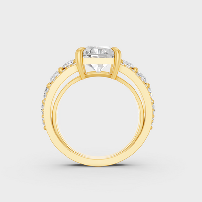 Close-Up View of 7.8 Ct Radiant and Round Lab-Grown Diamond Ring with warm 18K Yellow Gold band.