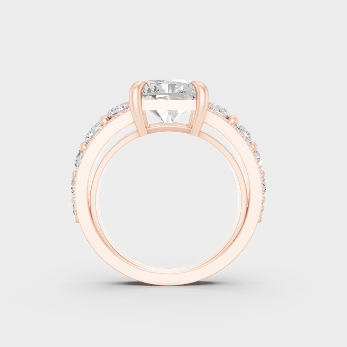Ethical Luxury 7.8 Ct Radiant and Round Lab-Grown Diamond Ring in 18K Rose Gold.