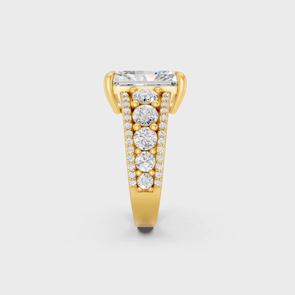 Luxury 7.8 Ct Radiant Cut Lab-Grown Diamond Ring with delicate round accents in 9K Yellow Gold.