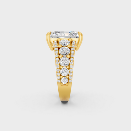 Luxury 7.8 Ct Radiant Cut Lab-Grown Diamond Ring with delicate round accents in 9K Yellow Gold.