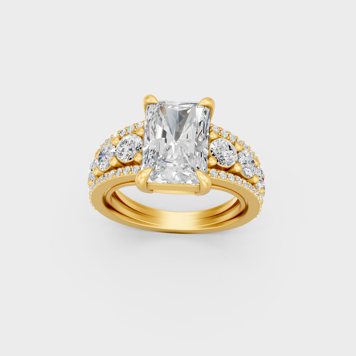 Majestic 7.8 Carat Lab-Grown Diamond Statement Ring featuring radiant and round cuts in 14K Yellow Gold.