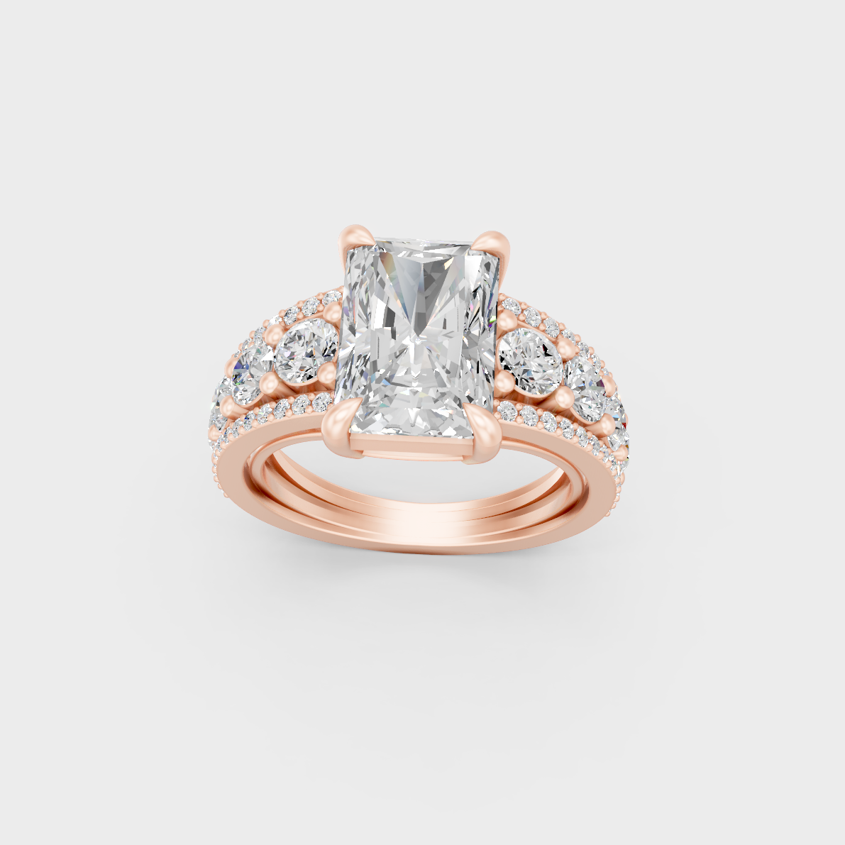 Exquisite 7.8 Ct Radiant Cut Lab-Grown Diamond Engagement Ring with round accents in 14K Rose Gold.