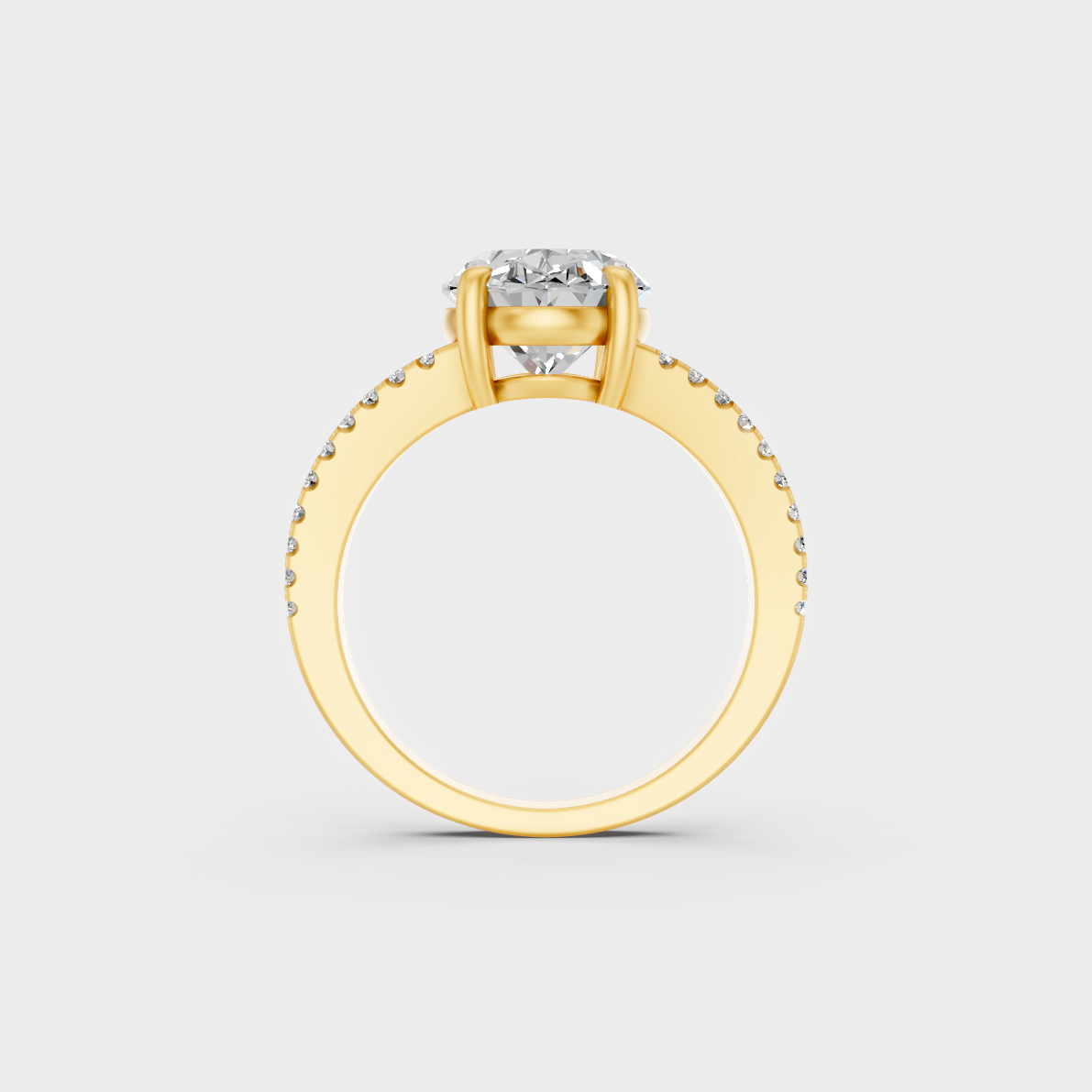 Close-Up View of 4.52 Ct Oval and Round Lab-Grown Diamond Solitaire Ring with warm 18K Yellow Gold band.