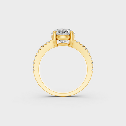 Close-Up View of 4.52 Ct Oval and Round Lab-Grown Diamond Solitaire Ring with warm 18K Yellow Gold band.