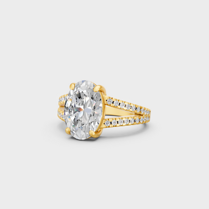 Certified 4.52 Ct Oval and Round-Cut Lab-Grown Diamond Solitaire Ring with Accents in 18K Yellow Gold.