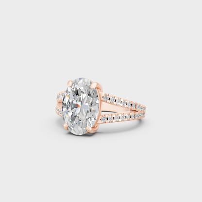 Romantic 4.52 Ct Oval and Round-Cut Lab-Grown Diamond Solitaire Ring with Accents in 18K Rose Gold.