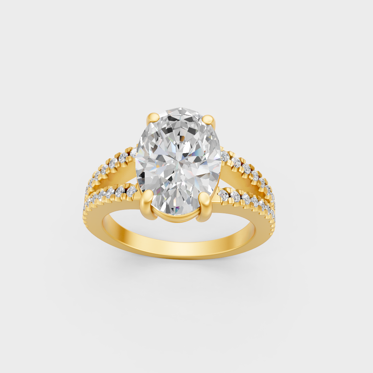 Majestic 4.52 Carat Oval Lab-Grown Diamond Solitaire featuring sparkling round accents in 14K Yellow Gold.